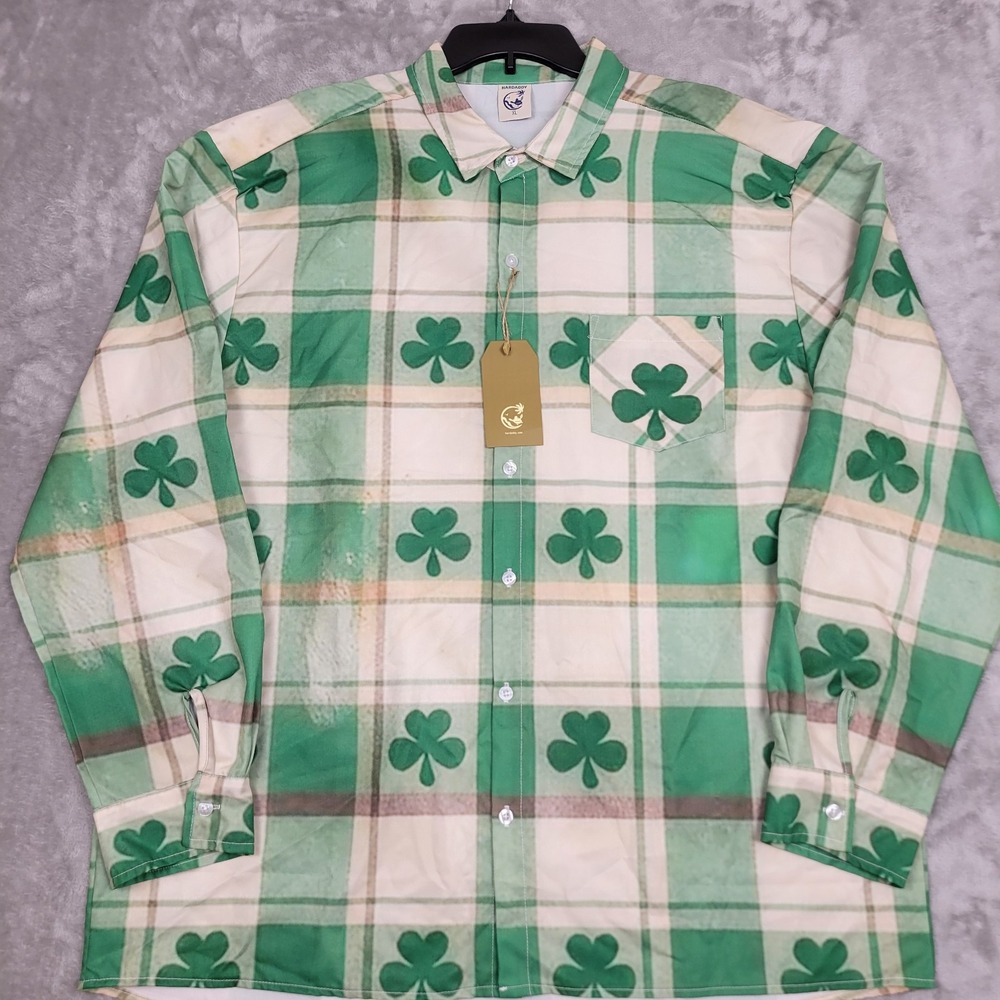 Hardaddy Men's XL Irish Shamrock Green Plaid Long Sleeve Button Up‎ Shirt (NWT)